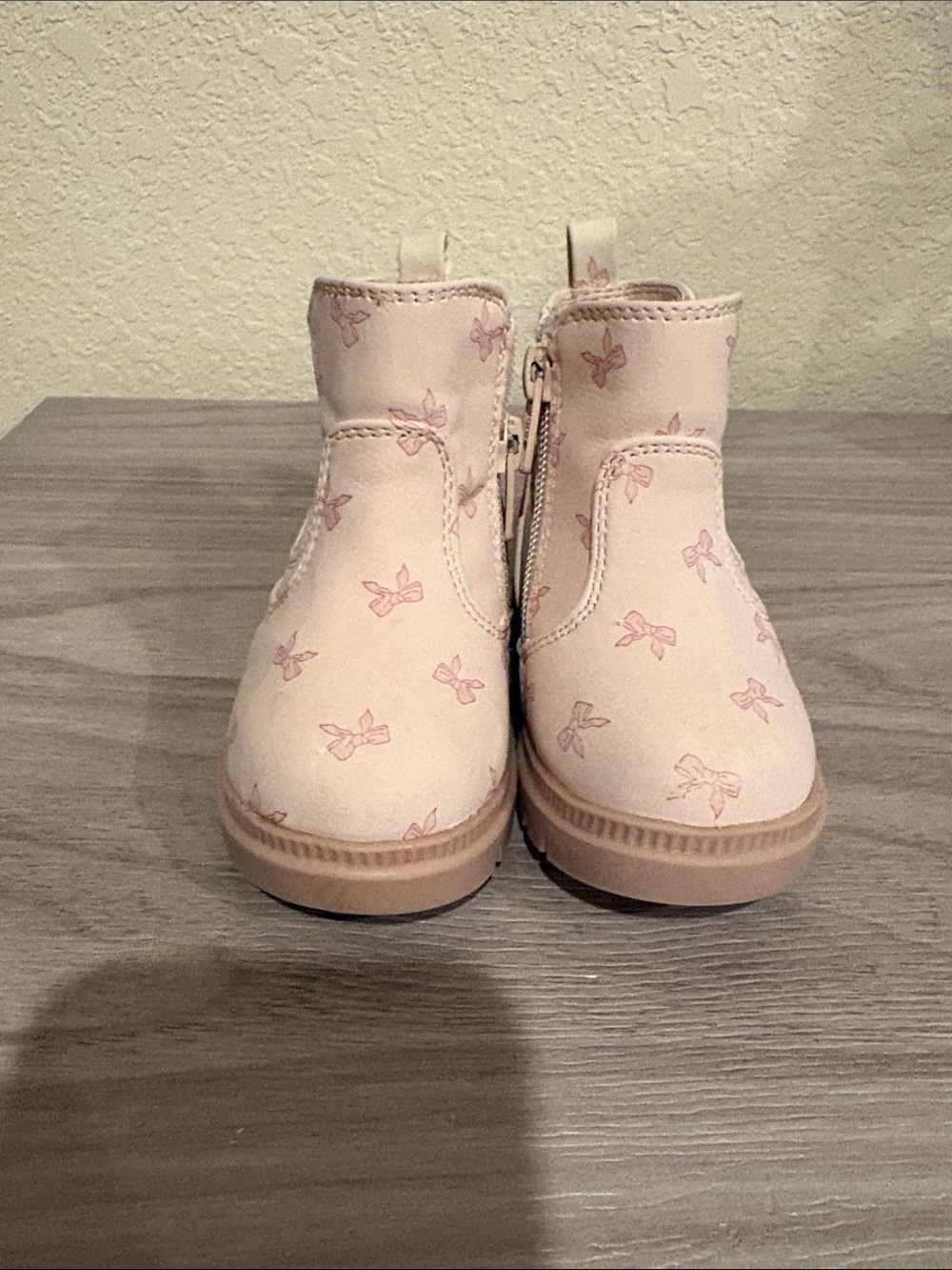 Girls' Pink Bow-Print Ankle Boots with Side Zip size 4
